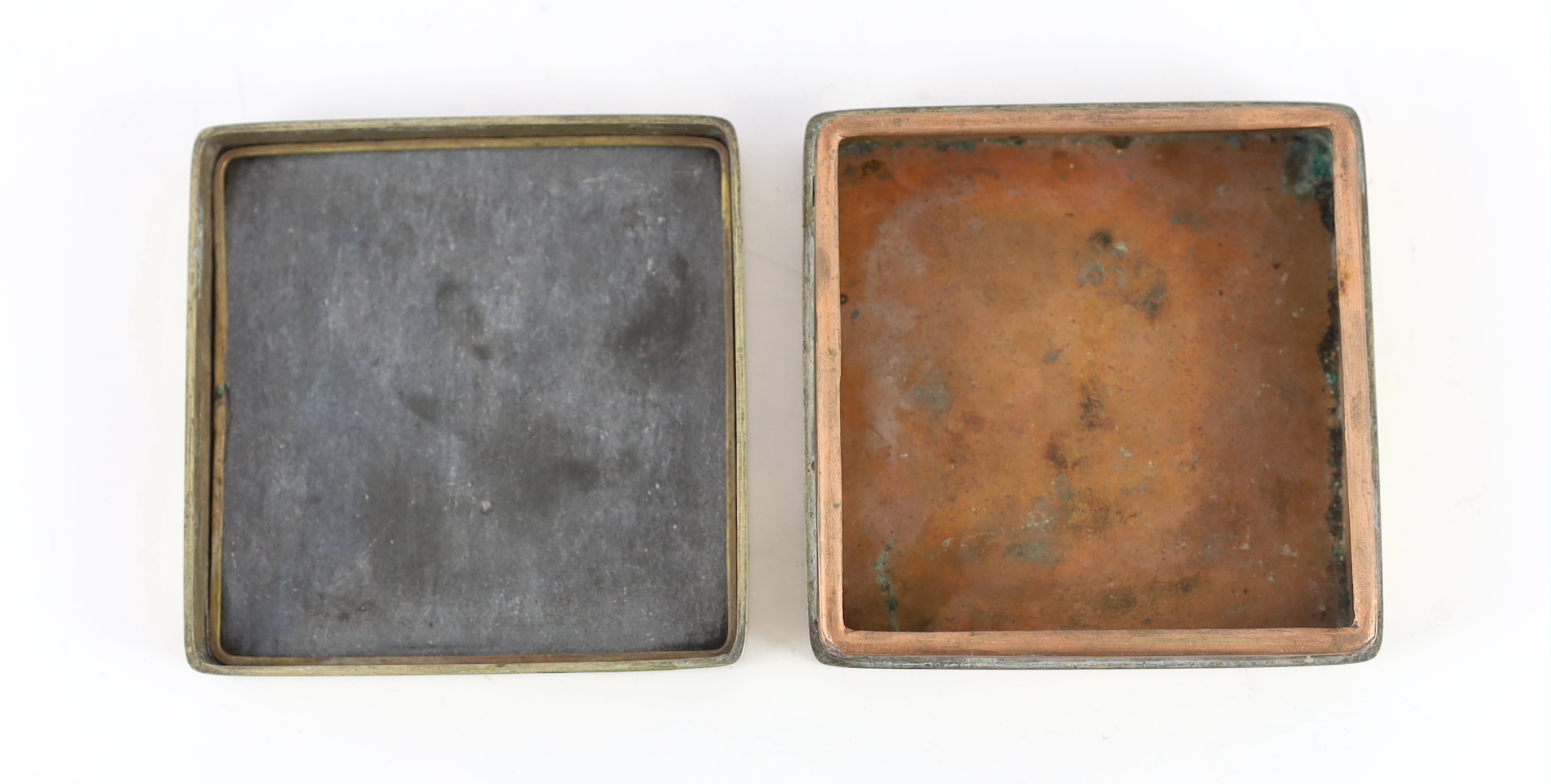 A Chinese paktong inscribed square ink box, late 19th/early 20th century